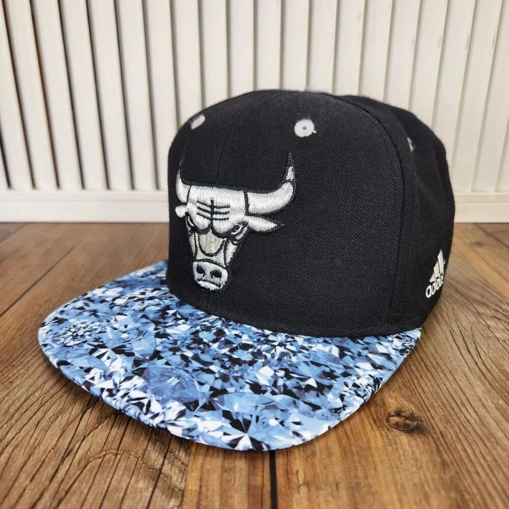 Chicago Bulls Adidas Snapback Hat Black Blue Diamond Print Bill NBA Wool Cap